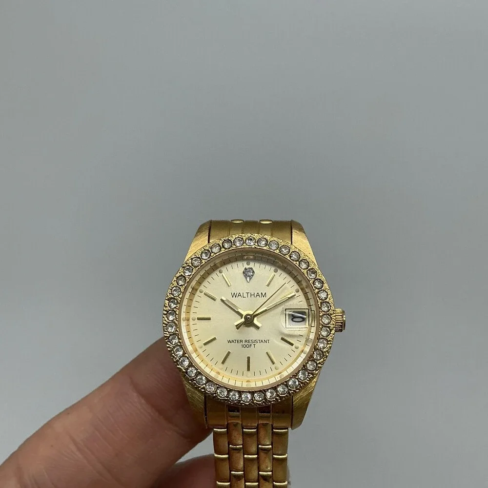Waltham Womens Watch 24mm Gold Tone Bracelet Crystal Bezel Date New Battery 7.5
